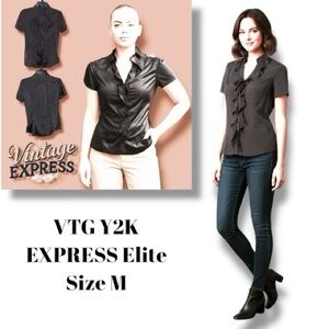 EXPRESS Elite Blouse Vintage Y2K Silky Ruffle Split Neck Gray Metallic Buttons M